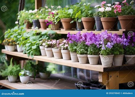 A Variety of Perennials in Containers on a Wooden Shelf Stock Photo - Image of generated, wooden ...