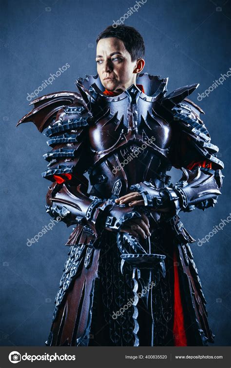 Portrait Medieval Female Knight Armour Blue Background Stock Photo By