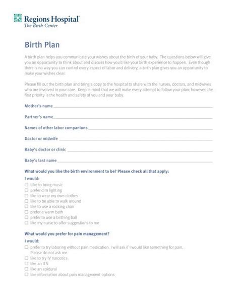 Birth Plan - Regions Hospital