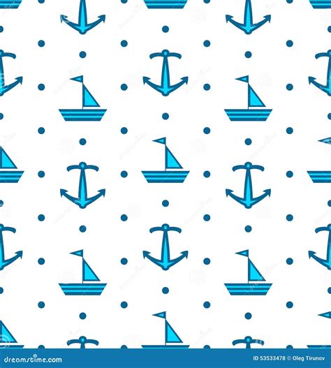 Seamless Pattern With Sail Boats And Anchors Nautical Blue Stock