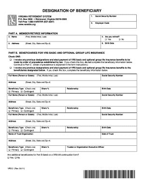 Fillable Online Vrs Designation Of Beneficiary Form Fax Email Print