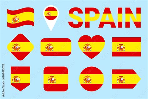 Spain flag collection. Spanish flags set. Vector flat isolated icons with state name. Web ...