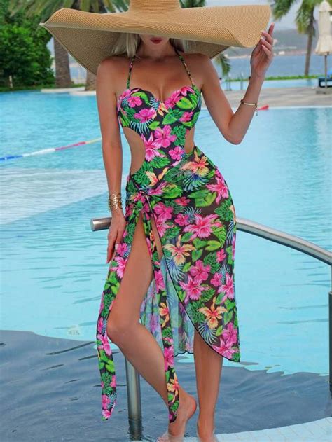 Tropical Print Cut Out One Piece Swimsuit With Beach Skirt Shein Uk