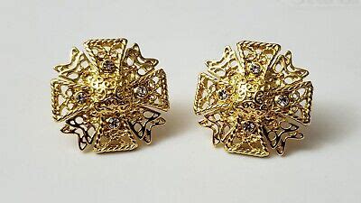 Vintage KJL Kenneth Jay Lane Rhinestone Maltese Cross Goldtone Clip On