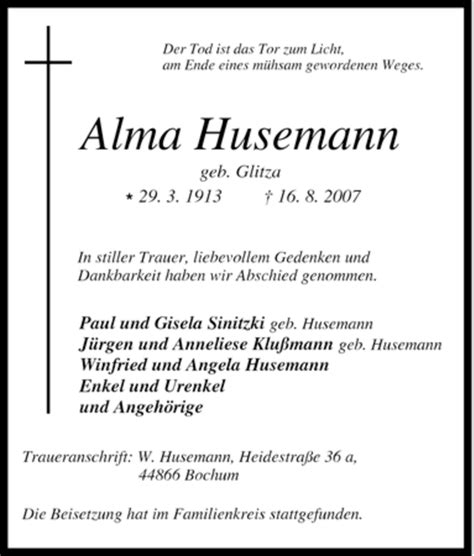 Traueranzeigen Von Alma Husemann Trauer In NRW De