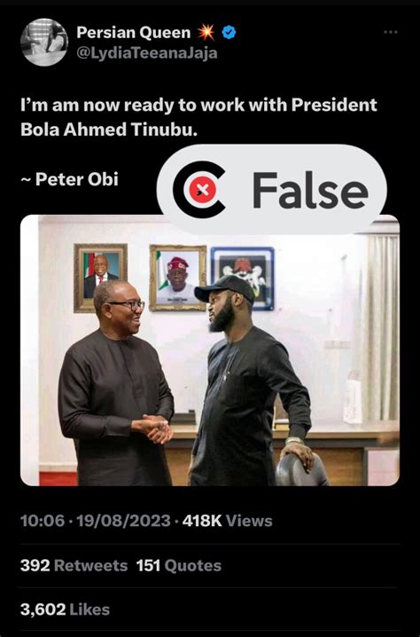 Doctored Image Shows Peter Obi Conversing With Seyi Tinubu FactCheckHub