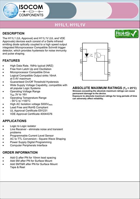 H11L1 H11L1V Datasheet By Isocom Components 2004 LTD Digi Key