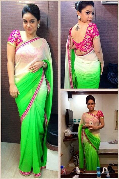 Sumona Chakravarti Chiffon Green And Cream Plain Bollywood Style Saree