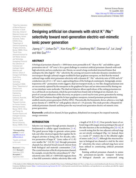 Pdf Designing Artificial Ion Channels With Strict K Na Selectivity