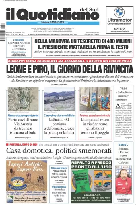 Le Prime Pagine Di Mercoled Novembre Wayglo Basilicata