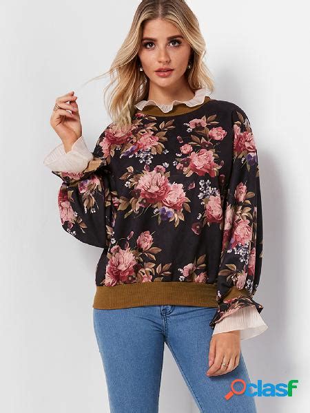 Sudadera Negra Con Cuello Redondo Y Estampado Floral Al Azar Con Mangas