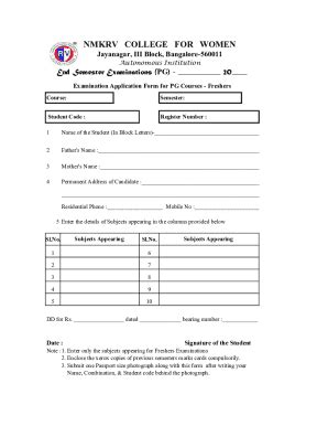 Fillable Online Examination Application Form For Pg Courses Freshers