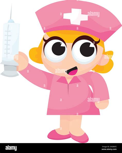 A Cartoon Vector Illustration Of A Cute Blonde Nurse With Big Syringe