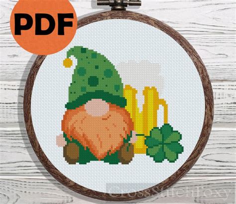 St Patrick Irish Gnome Shamrock Beer Cross Stitch Pattern Pdf St