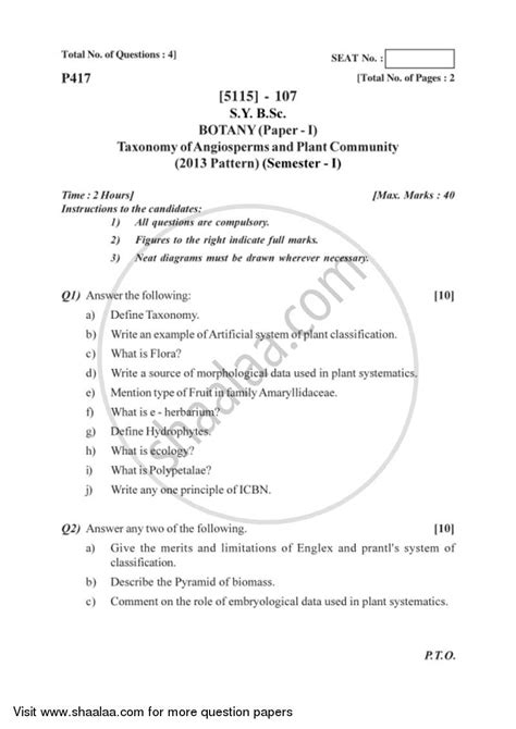 Taxonomy Of Angiosperms And Plant Community 2016 2017 B Sc Botany