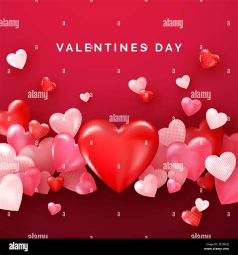 Valentines Card With Red Shiny Hearts Bright Valentine`s Day Background Vector Stock Vector