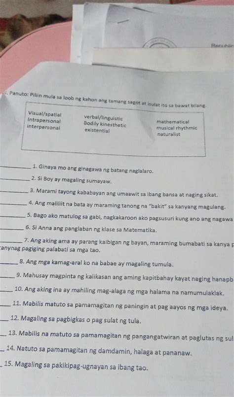 Piliin Mula Sa Loob Ng Kahon Ang Tamang Sagot At Isulat Ito Sa Bawat