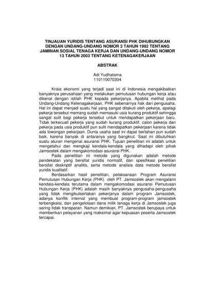 TINJAUAN YURIDIS TENTANG ASURANSI PHK DIHUBUNGKAN DENGAN UNDANG UNDANG