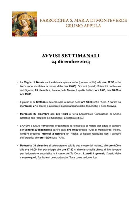 Avvisi Settimanali Dicembre Parrocchia Santa Maria Di