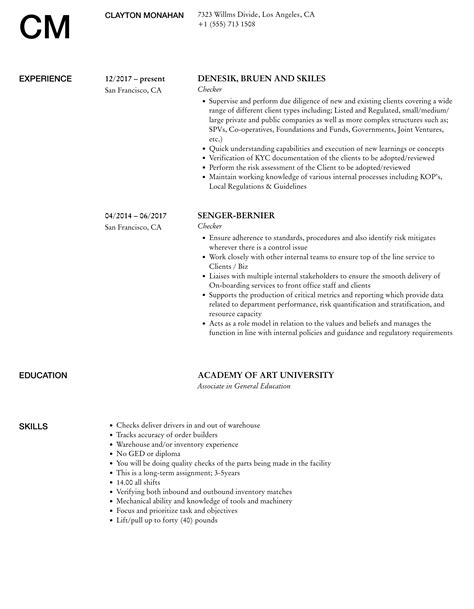 Checker Resume Samples Velvet Jobs