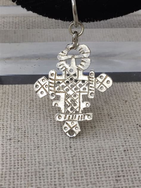 Vintage Silver Ethiopian Coptic Cross Pendant Velvet Gem