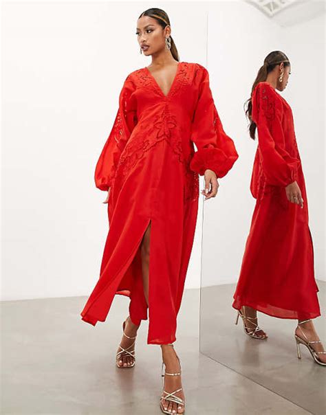 Asos Edition Waisted Plunge Midi Dress With Cutwork In Tomato Red Asos