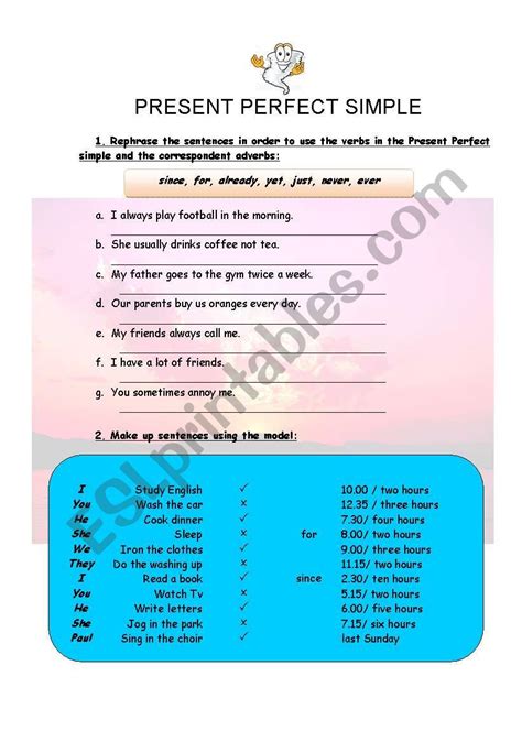 Present Perfect Exercises Esl Worksheet By Luckya41