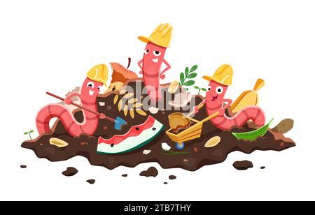 Vermicomposting. Cartoon earth worm characters in compost humus soil. Farming earthworm soil ...