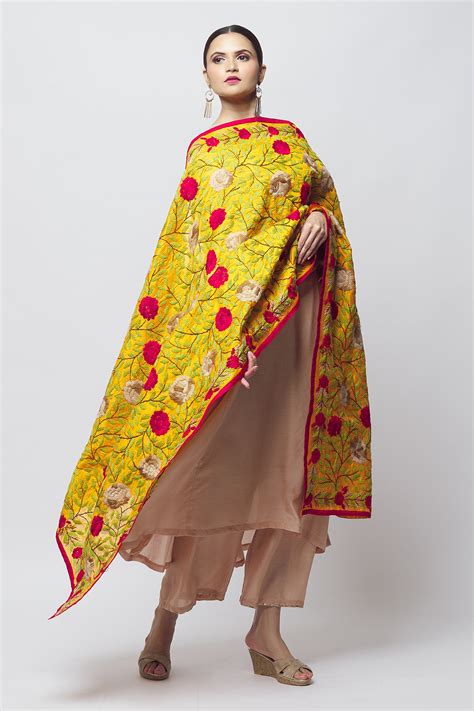 Buy Samyukta Singhania Yellow Cotton Silk Flower Bloom Embroidered