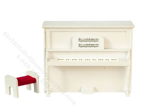 Miniature White Upright Piano With Music And Bench For Dollhouses Azt