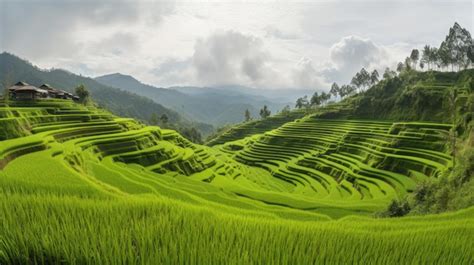 Premium AI Image A Green Field With A Mountain In The Background