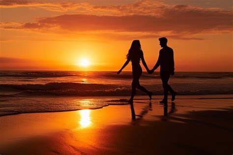 Premium Ai Image Walking Couple Silhouette On Beach Sunset