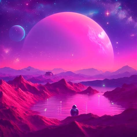 Premium AI Image Astronaut Exploring A Pink Lake On A Unknown Planet