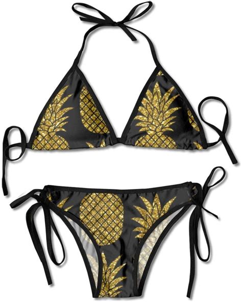 Axige888 Gold Glitter Pineapples Women S Sexy Triangle Bikini