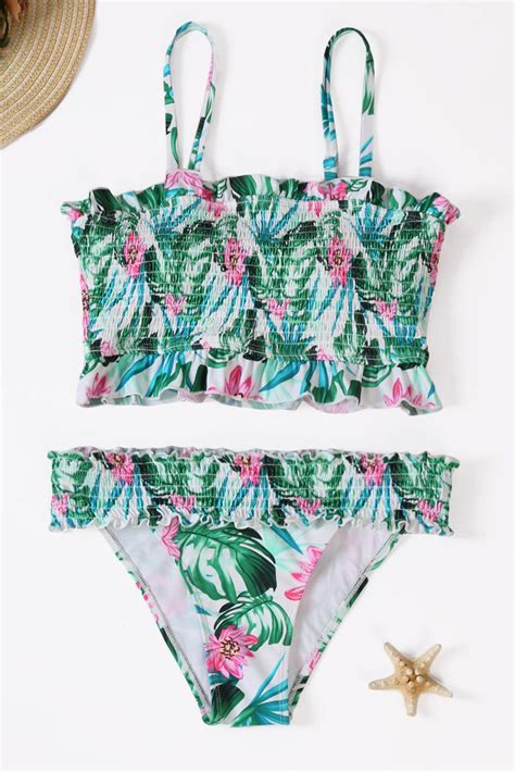 Ondine Cute Floral Print Shoulder Straps Ruffled Smocked Bikini Set