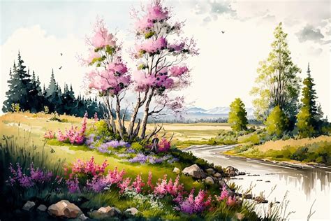 Acuarela primavera paisaje pintura árboles florecen prado y montañas