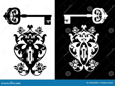 Antique Skeleton Key Keyhole And Rose Flowers Black Vector Silhouette