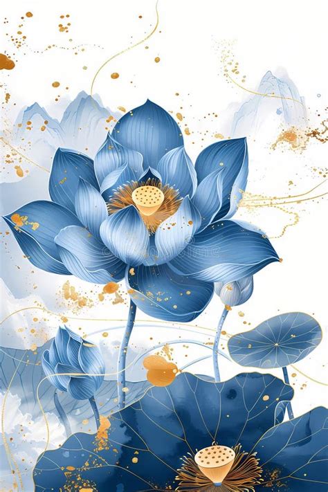 Asian Background With Blue And Gold Lotus Flower Leaves And Buds