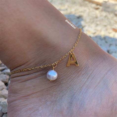 Pearl Initial Anklet Gold Initial Anklet Initial Ankle Etsy