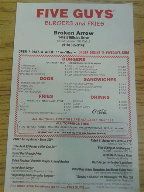 Menu At Five Guys Fast Food Broken Arrow E Hillside Dr