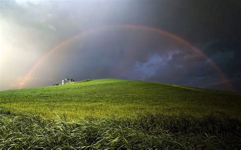 Nature Clouds Rainbow Mainly Cloudy Overcast Hill Meadow HD