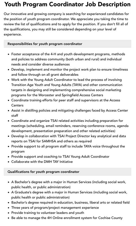 Youth Program Coordinator Job Description Velvet Jobs