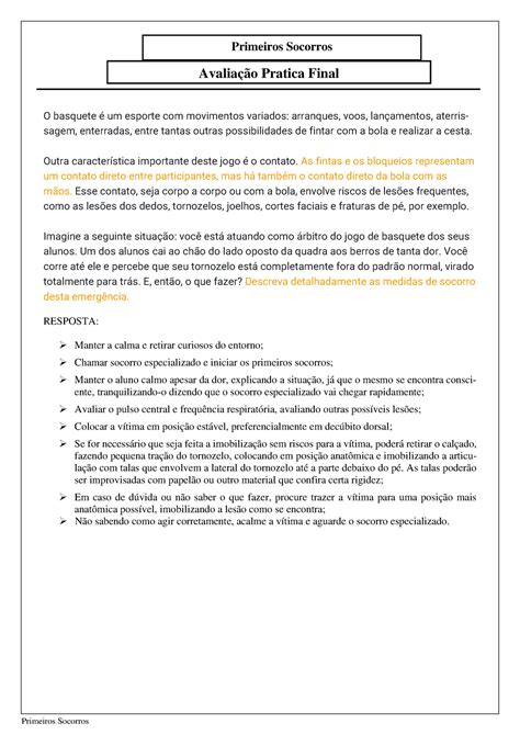 Atividade Prática Final Primeiros Socorros Primeiros Socorros