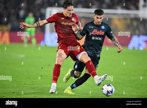 Rome Italy 23 Oct 2022 Nicolò Zaniolo of AS Roma and Mathias Olivera