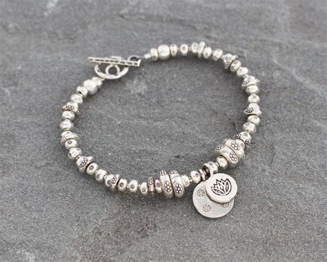 Thai Silver Beaded Toggle Bracelet With Charms Hill Tribe Lotus Flower