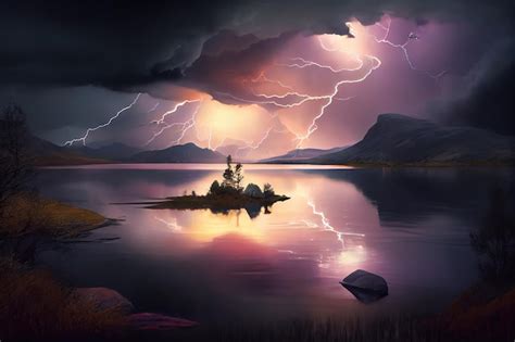 Premium AI Image Storm Clouds And Lightning Over Lake With View Of