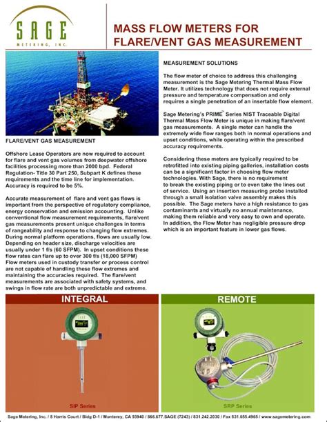 PDF MASS FLOW METERS FOR FLARE VENT GAS Sagemetering Pdf 2 5 1