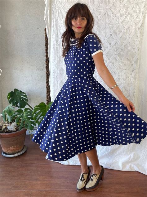 1950s Cotton Navy Dress With White Polka Dots And White Trim Etsy