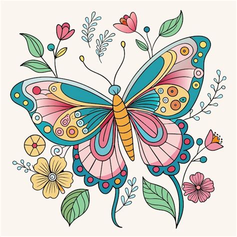 Un Dibujo De Una Mariposa Con Flores Y Mariposas Vector Premium