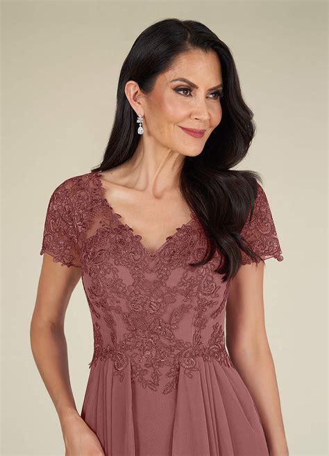 Azazie Dunja Desert Rose A Line V Neck Lace Chiffon Dress Azazie